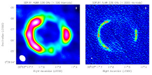 Abb. 1: Abb. 1 ALMA-Bild der Kontinuumsemission bei 236 GHz der gelinsten Galaxie SDP.81 bei zwei Winkelauflösungen. Das gelinste System besteht aus vier Bildern mit einem ausgedehnten, nur schwach leuchtenden Einstein-Ring. Foto: Max-Planck-Institut für Astrophysik 
