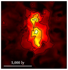 Abb. 3 Diese Karte zeigt die rekonstruierte Stern­entstehungsrate der weit entfernten Galaxie, die eine ziemlich geringe Ausdehnung besitzt (wie durch die Längenskala in Lichtjahren angedeutet). Die Farben zeigen Staub, der durch die Strahlung junger Sterne aufgeheizt wird. Foto: Max-Planck-Institut für Astrophysik