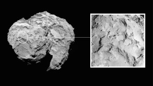 Landung auf den Kopf des Kometen Landeplatz J befindet sich auf dem Kopf des Kometen. Das Bild wurde mit der OSIRIS-Kamera am 16. August 2014 aus einer Entfernung von etwa 100 Kilometern aufgenommen.  Quelle: ESA / Rosetta / MPS für OSIRIS-Team MPS / UPD / LAM / IAA / SSO / INTA / UPM / DASP / IDA